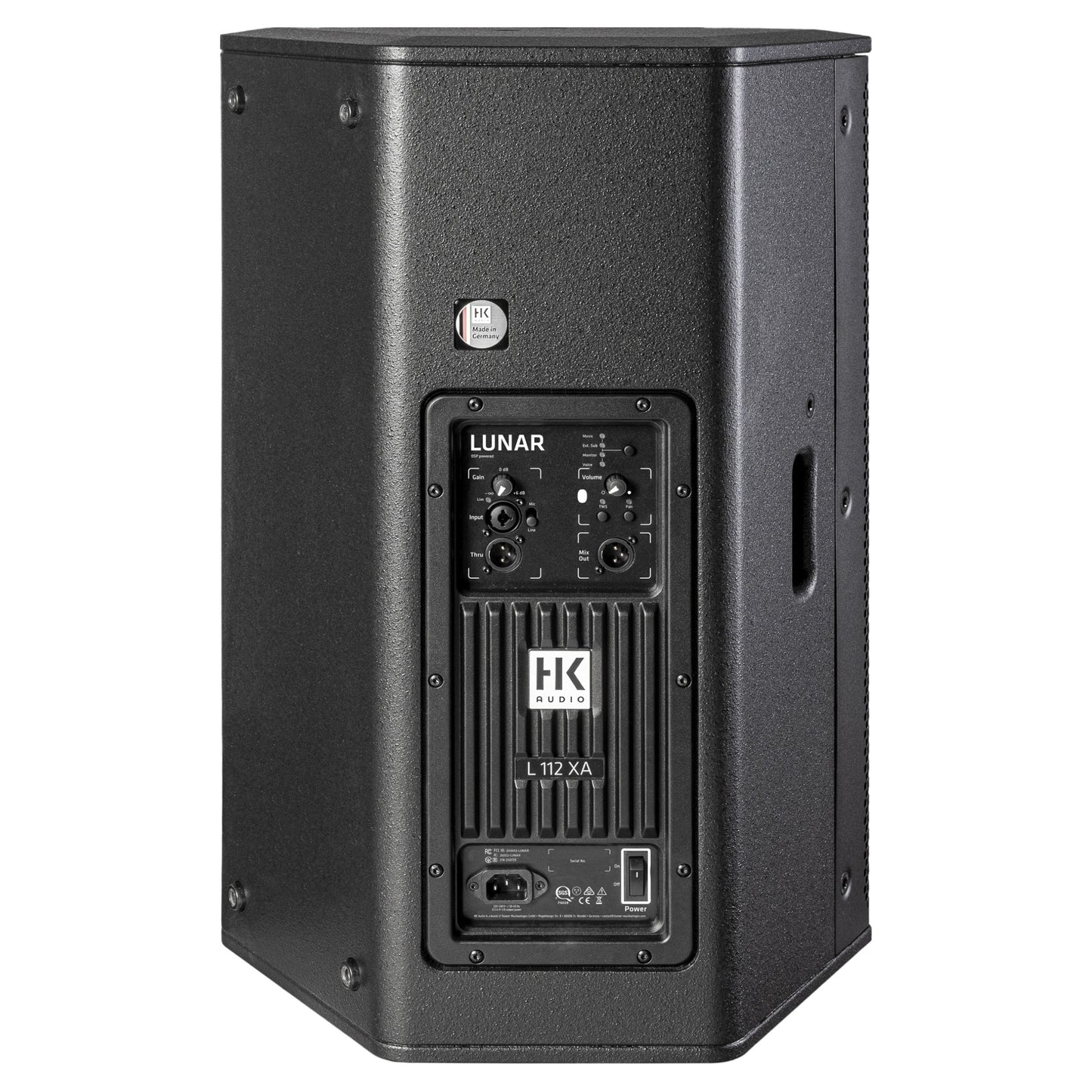 Rear ports view of HK Audio LUNAR 112 XA Speaker on white background