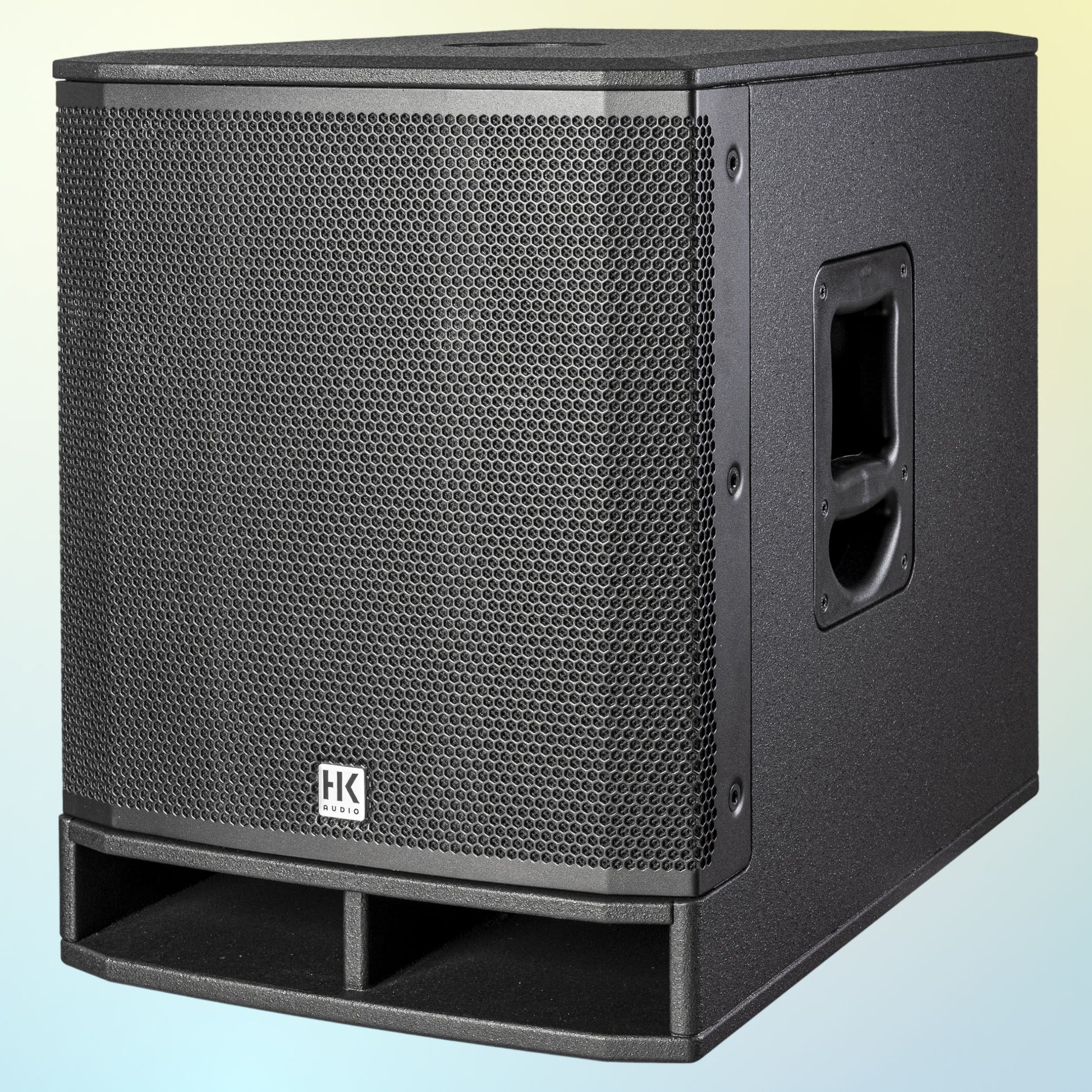 Angled view of HK Audio PORTABLE SUB 115 A Subwoofer on yellow and blue gradient background