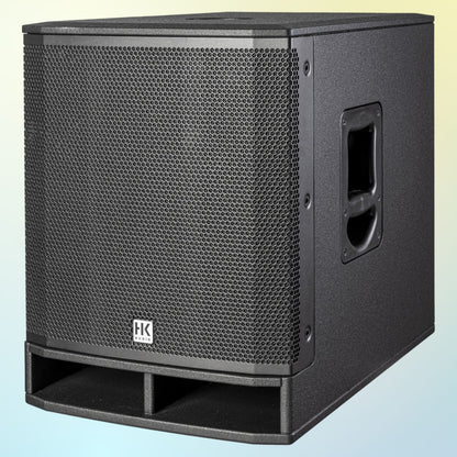 Angled view of HK Audio PORTABLE SUB 115 A Subwoofer on yellow and blue gradient background
