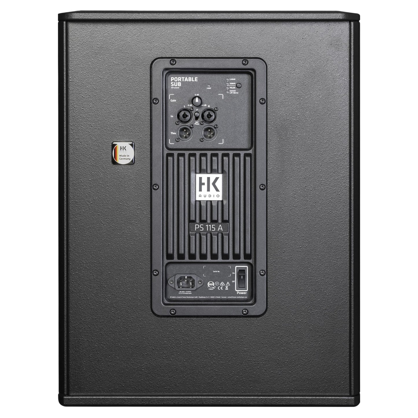 Rear ports view of HK Audio PORTABLE SUB 115 A Subwoofer on white background