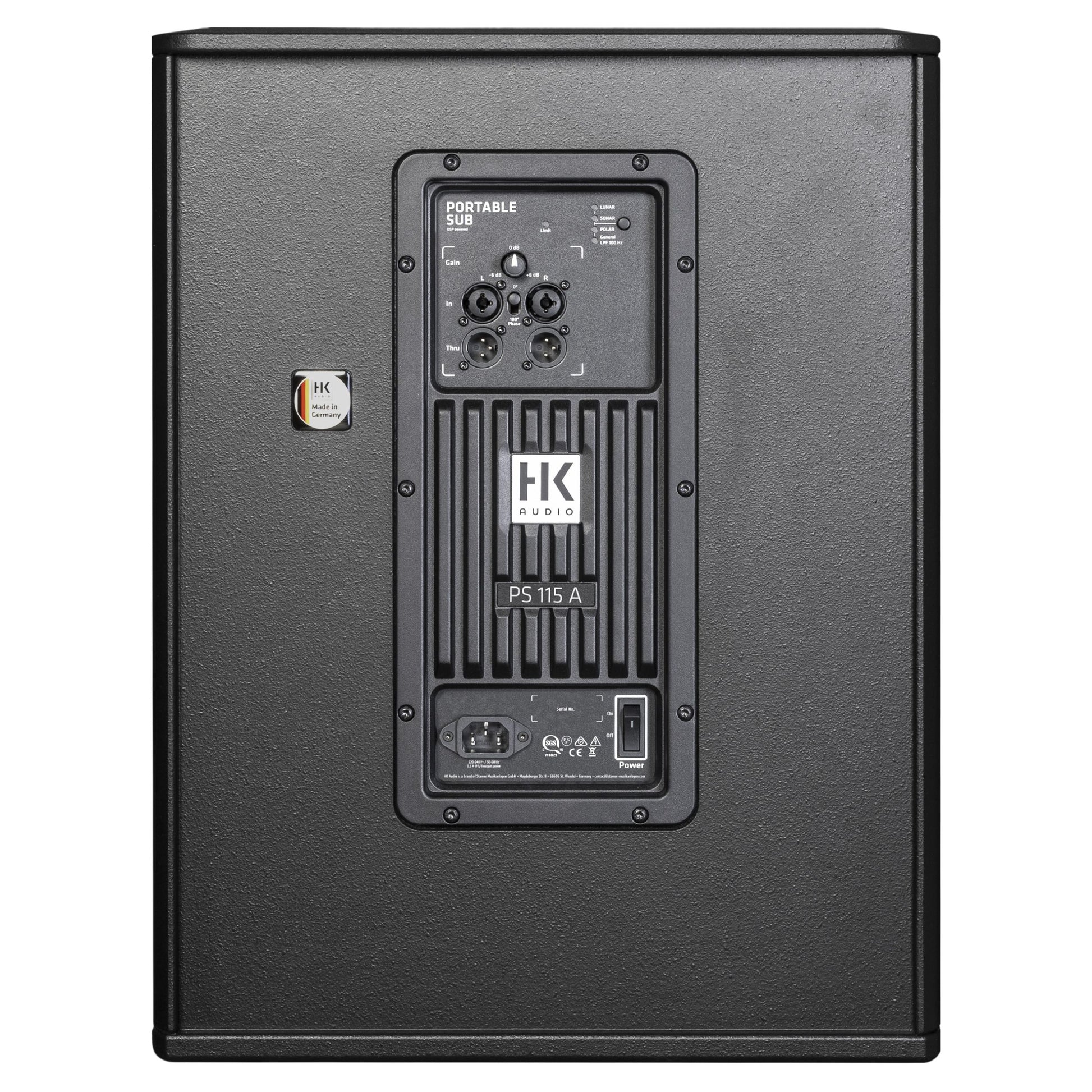 Rear ports view of HK Audio PORTABLE SUB 115 A Subwoofer on white background