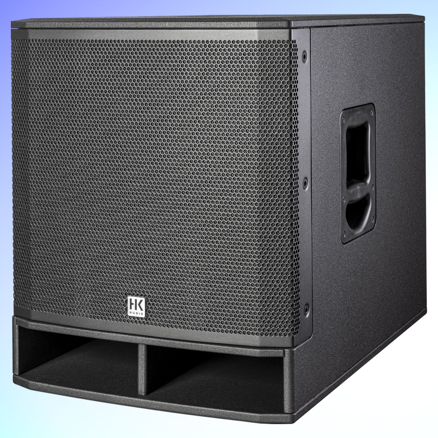 Angled view of HK Audio PORTABLE SUB 118 A Subwoofer on blue background