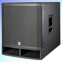 Angled view of HK Audio PORTABLE SUB 118 A Subwoofer on blue background
