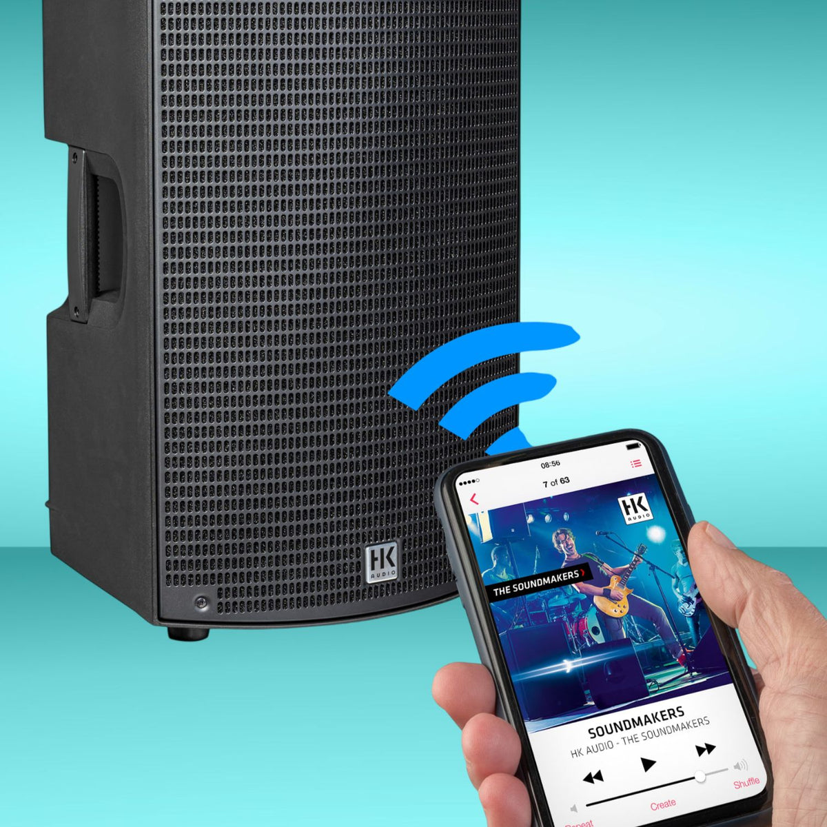 Close up view of hand operating phone that plays music on the HK Audio SONAR 112 Xi 1200W 12" Powered Speaker via Bluetooth on blue background