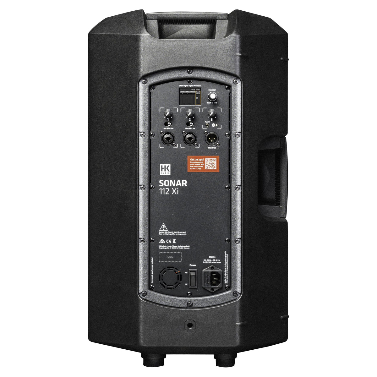Rear ports view of HK Audio SONAR 112 Xi 1200W 12" Powered Speaker on white background