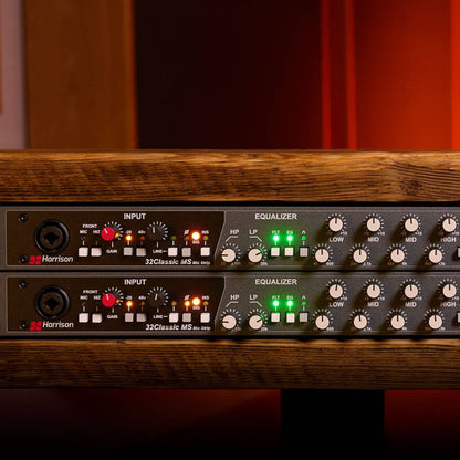Close up front view of two Harrison Audio 32Classic MS Mix Strips mounted on rack in studio