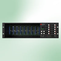Front view of Harrison Audio D510mx Mixer Interface mounted on rack with green background