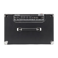 Black guitar amplifier with control panel on a white background