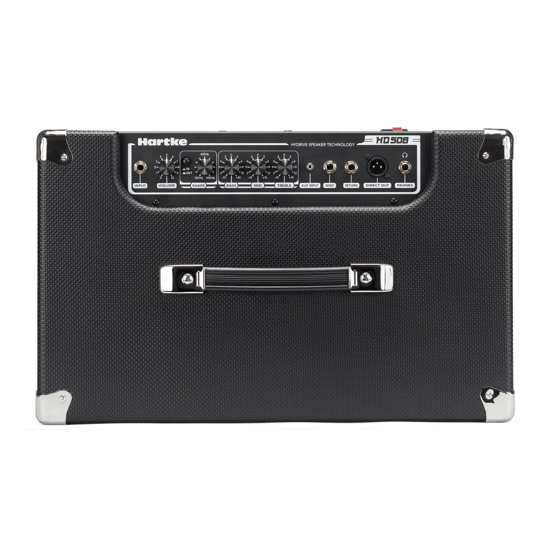 Black guitar amplifier with 'Hartke' branding on a white background