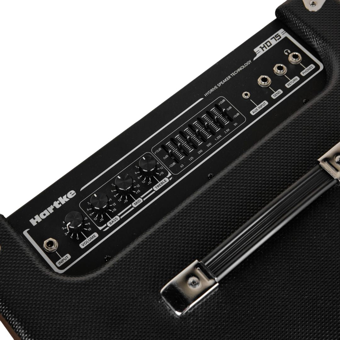 Close-up of a guitar amplifier with control panel and brand name 'Hartke' on a white background.