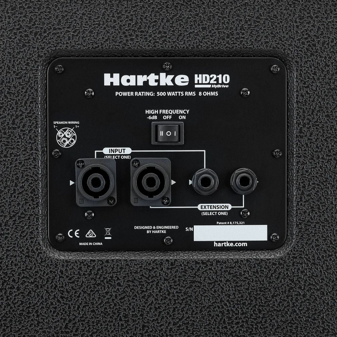 Hartke HD210 speaker cabinet control panel on a textured black background