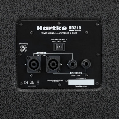 Hartke HD210 speaker cabinet control panel on a textured black background