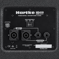 Back panel of a Hartke HD410 amplifier with control switches and connectors.
