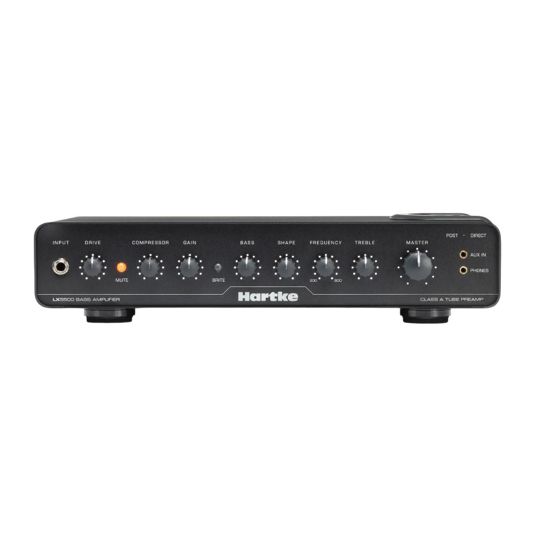 Hartke amplifier head with control knobs on a white background