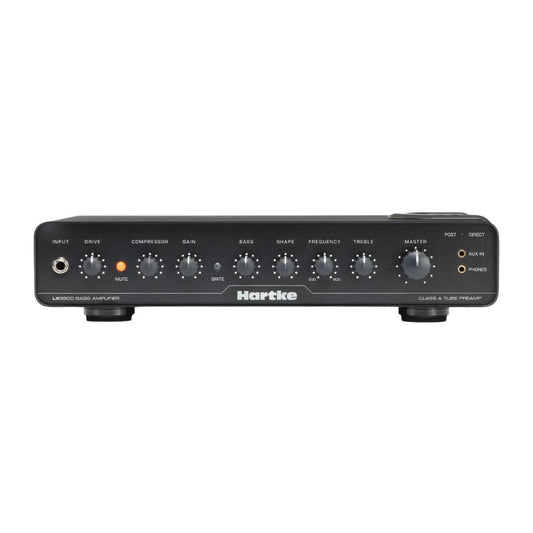 Hartke amplifier head with control knobs on a white background