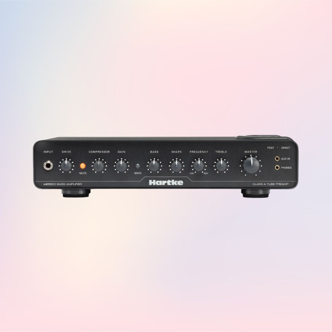 Hartke amplifier head with control knobs on a gradient background