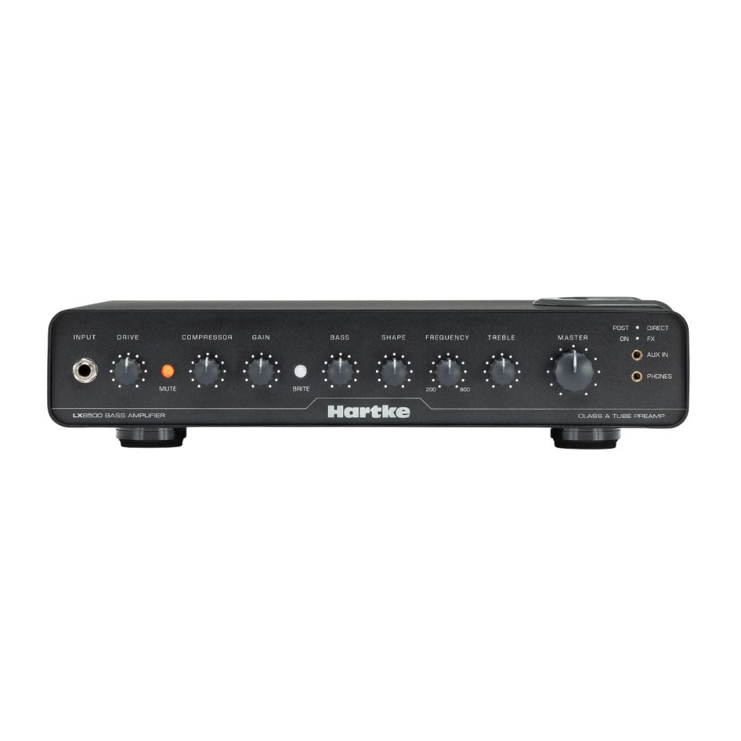 Hartke amplifier head with control knobs on a white background