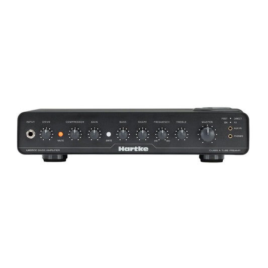 Hartke amplifier head with control knobs on a white background