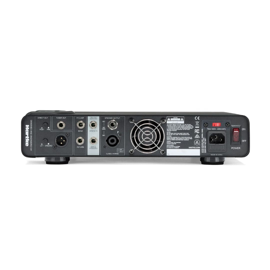 Back view of an audio equipment unit with various connectors on a white background
