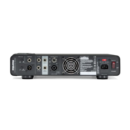 Back view of an audio equipment unit with various connectors on a white background