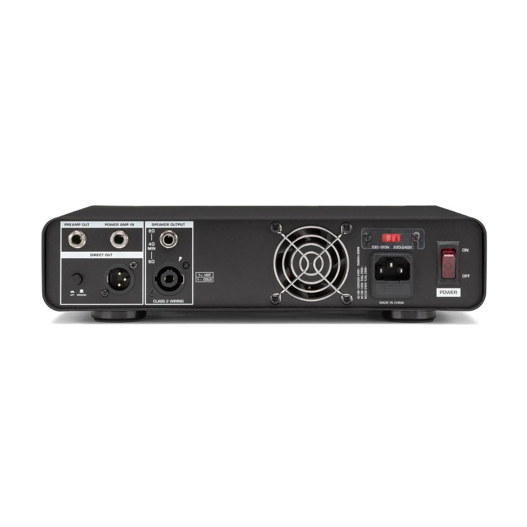 Back view of an electronic device with various ports and controls on a white background