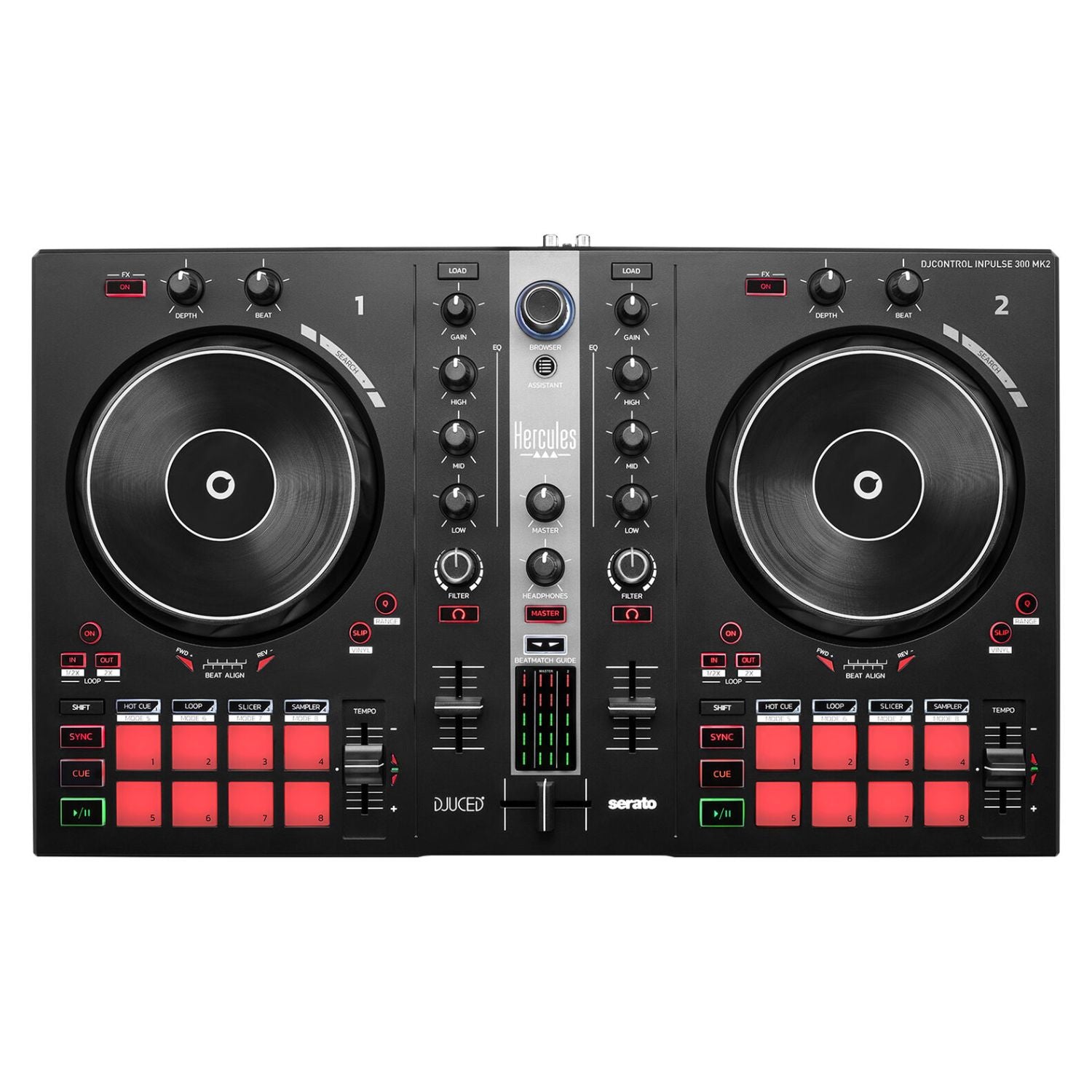 Front view of Hercules DJControl Inpulse 300 MK2 DJ Controller on white background