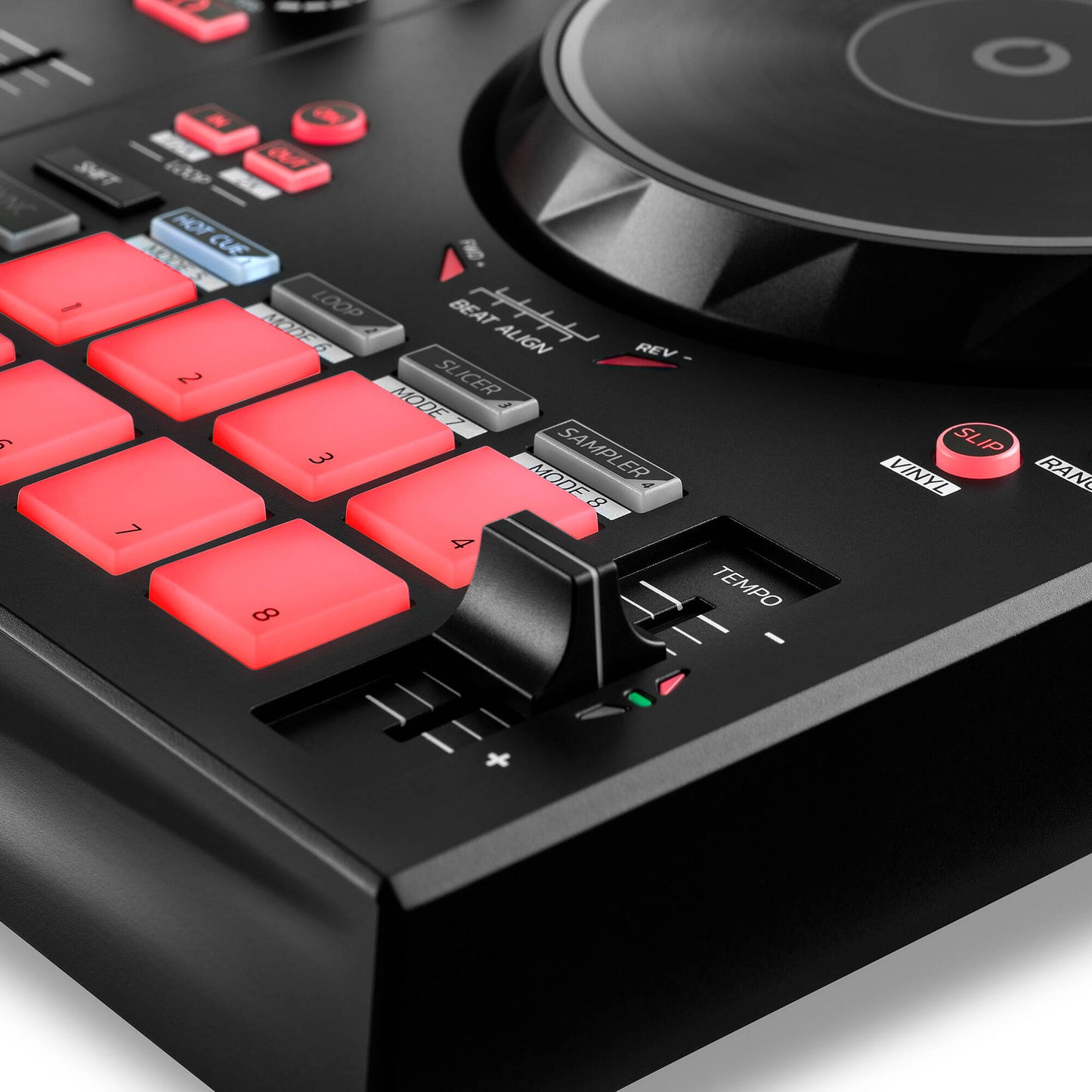 Close up view of Hercules DJControl Inpulse 300 MK2 DJ Controller on white background
