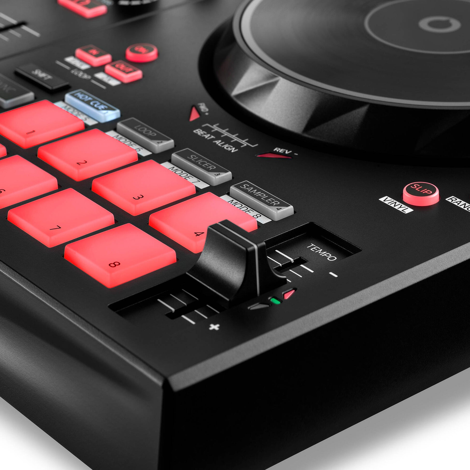 Close up view of Hercules DJControl Inpulse 300 MK2 DJ Controller on white background