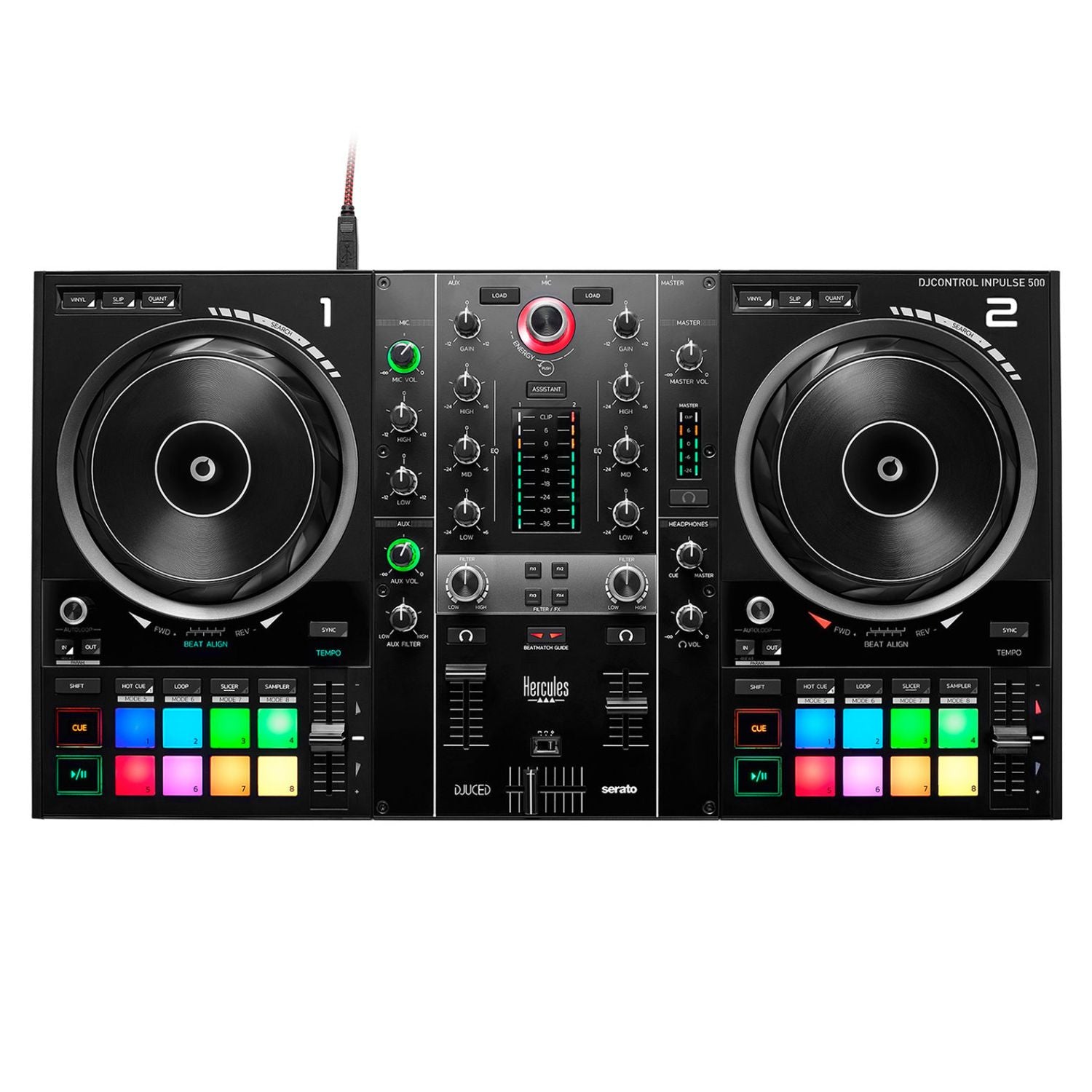 Front view of Hercules DJControl Inpulse 500 DJ Controller on white background