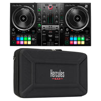 Front view of Hercules DJControl Inpulse 500 DJ Controller Black and DJControl Inpulse 500 Travel Bag on white background