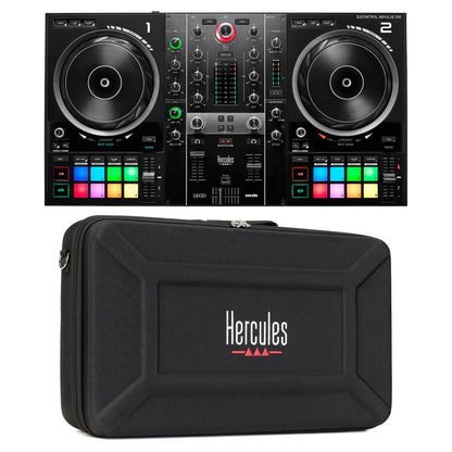 Front view of Hercules DJControl Inpulse 500 DJ Controller Black and DJControl Inpulse 500 Travel Bag on white background