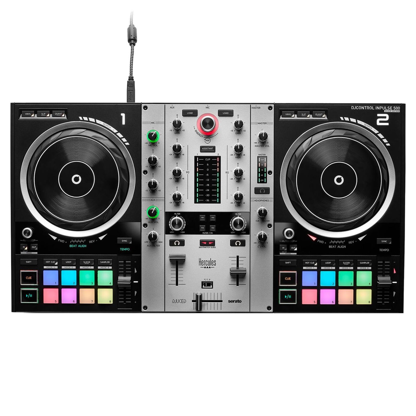 Front view of Hercules DJControl Inpulse 500 DJ Controller Silver on white background