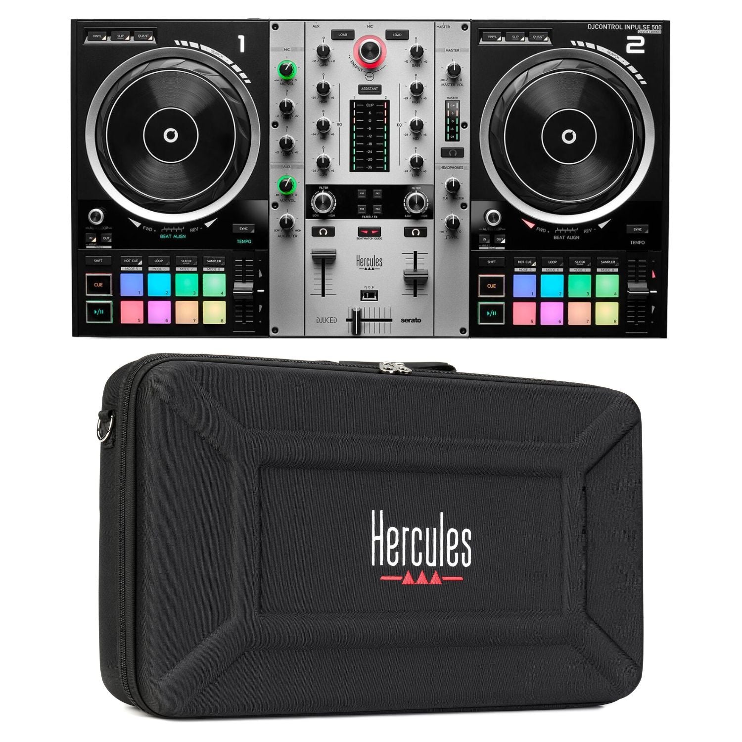 Front view of Hercules DJControl Inpulse 500 DJ Controller Silver and DJControl Inpulse 500 Travel Bag on white background