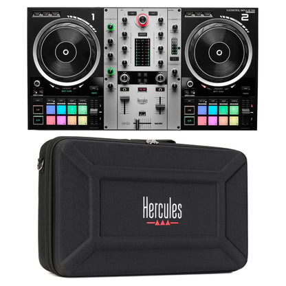 Front view of Hercules DJControl Inpulse 500 DJ Controller Silver and DJControl Inpulse 500 Travel Bag on white background