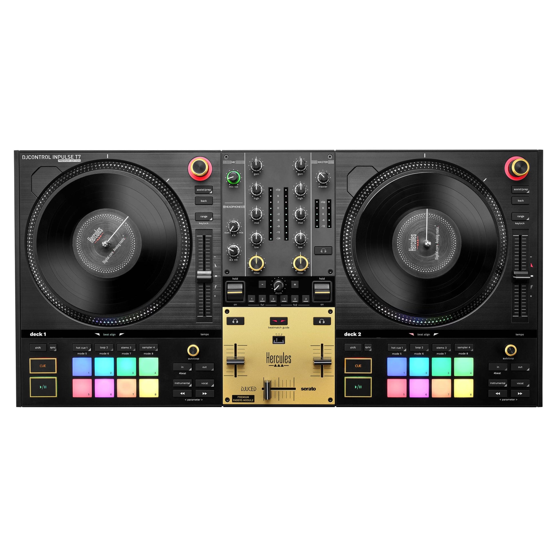 Front view of Hercules DJControl Inpulse T7 DJ Controller Premium Edition on white background