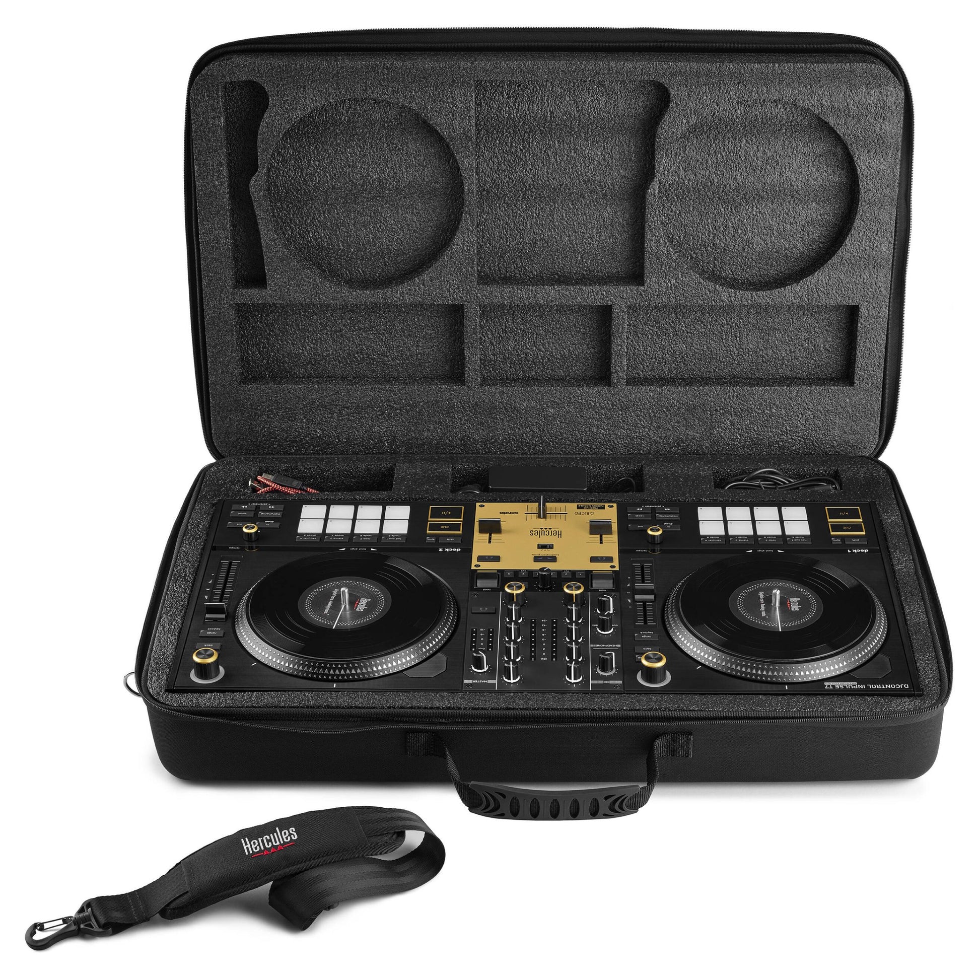 Inclusions of Hercules DJControl Inpulse T7 DJ Controller Premium Edition on white background