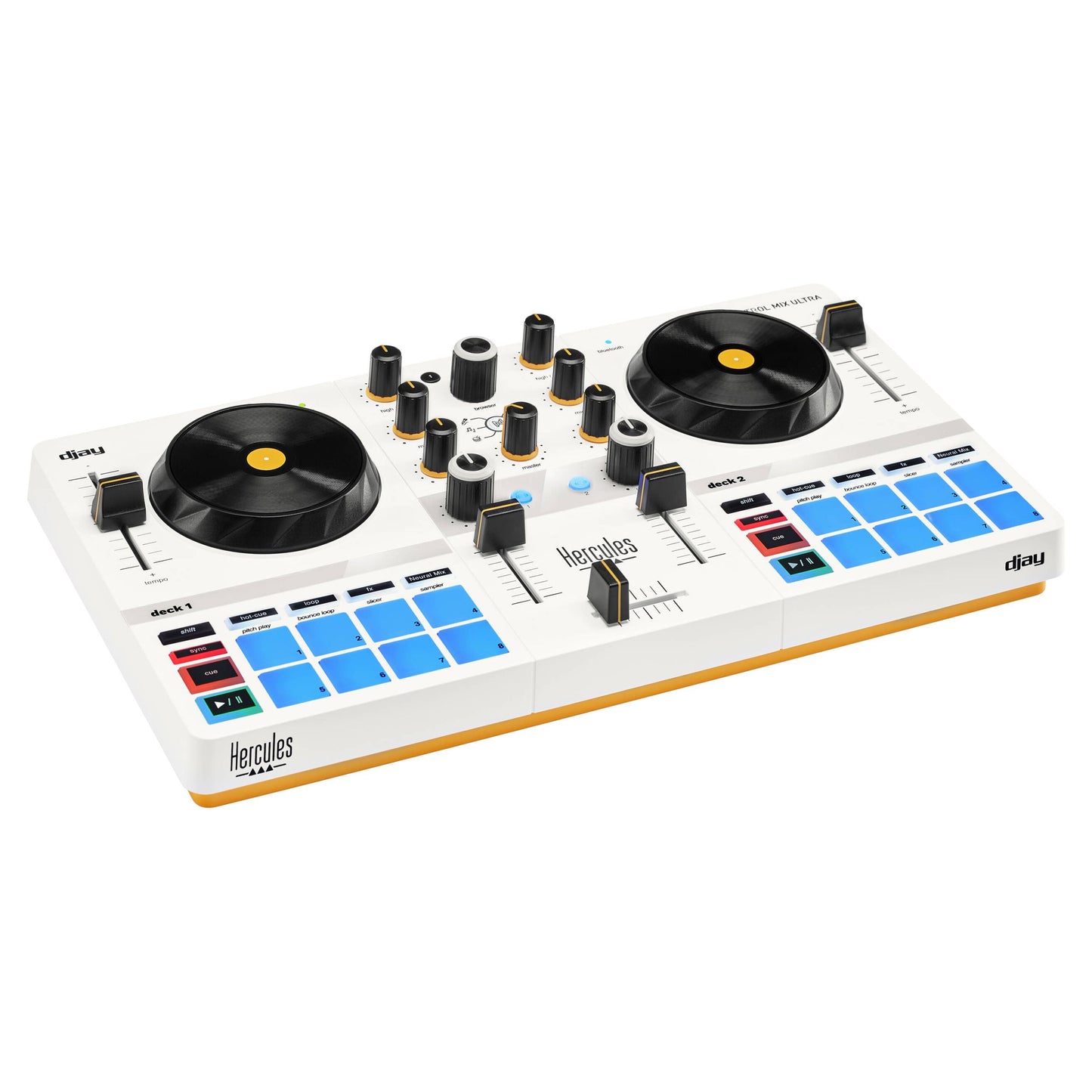 Angled view of Hercules DJControl Mix Ultra DJ Controller on white background
