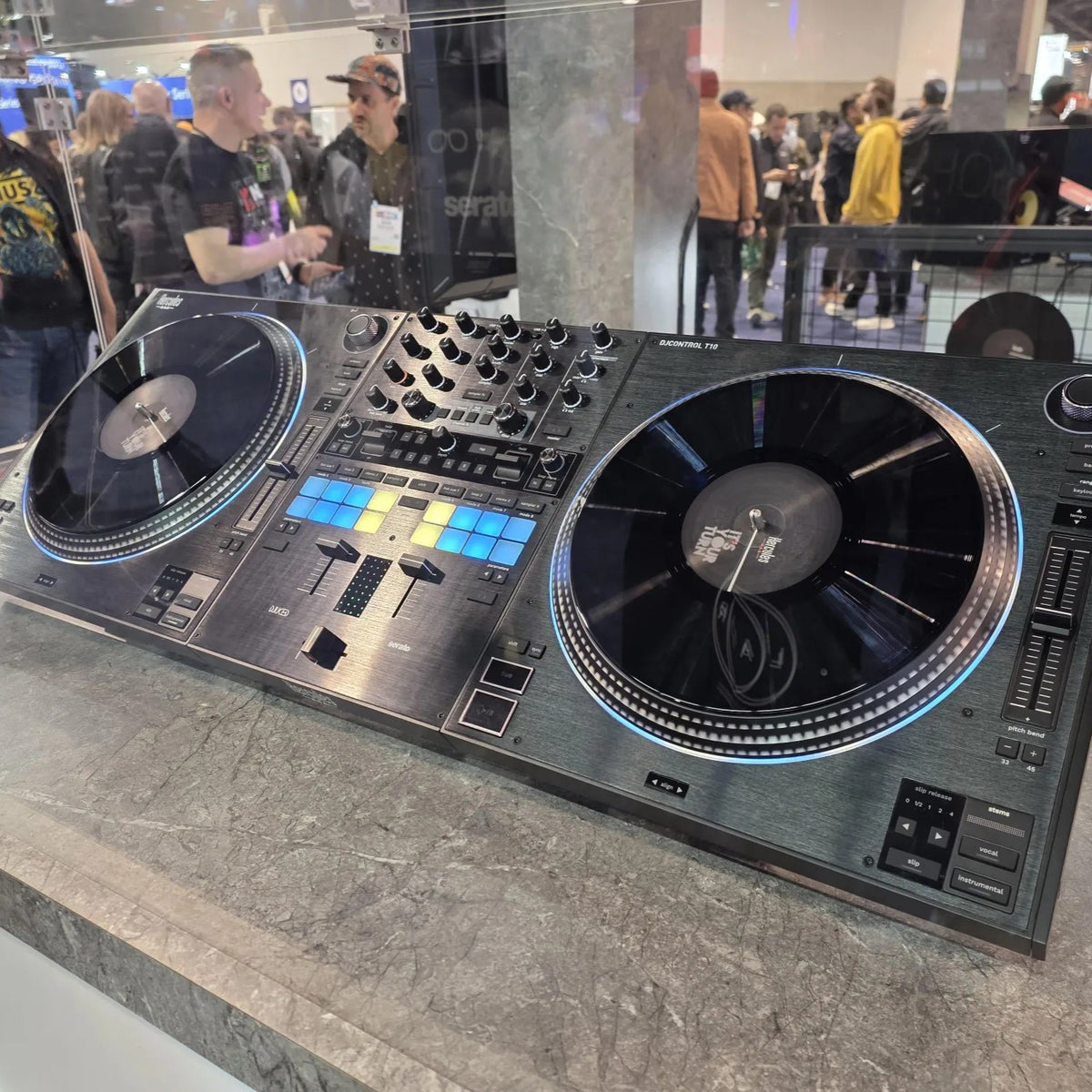 Angled view of Hercules DJControl T10 DJ Controller in display case