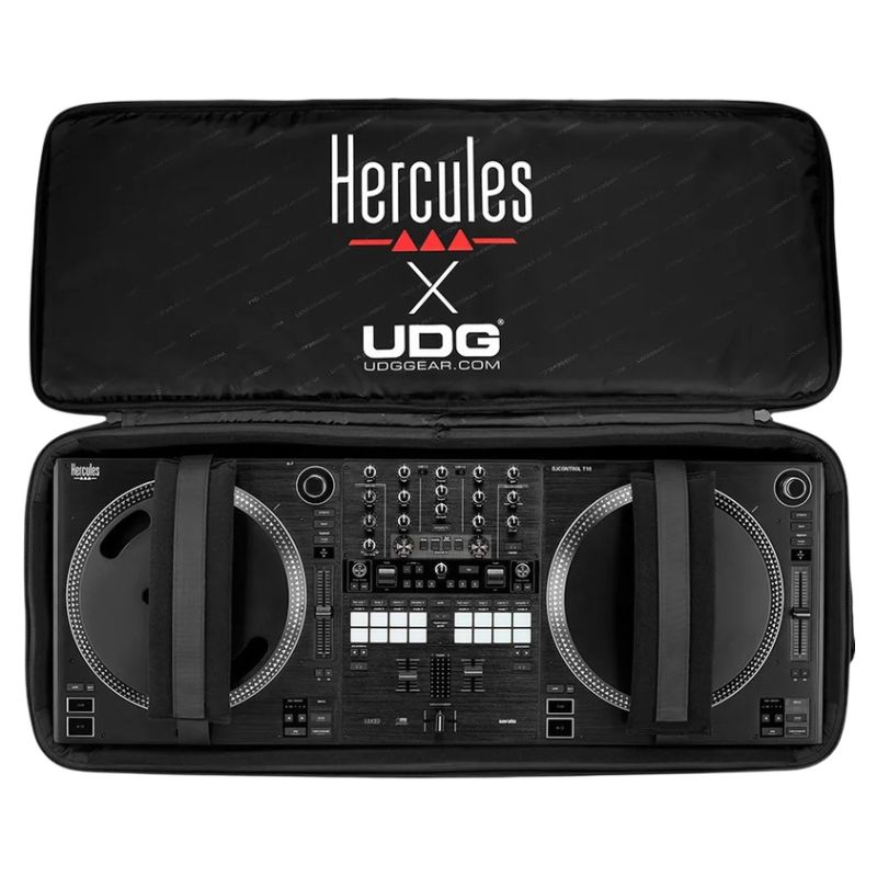 Inclusions of Hercules DJControl T10 DJ Controller Gig Pack on white background