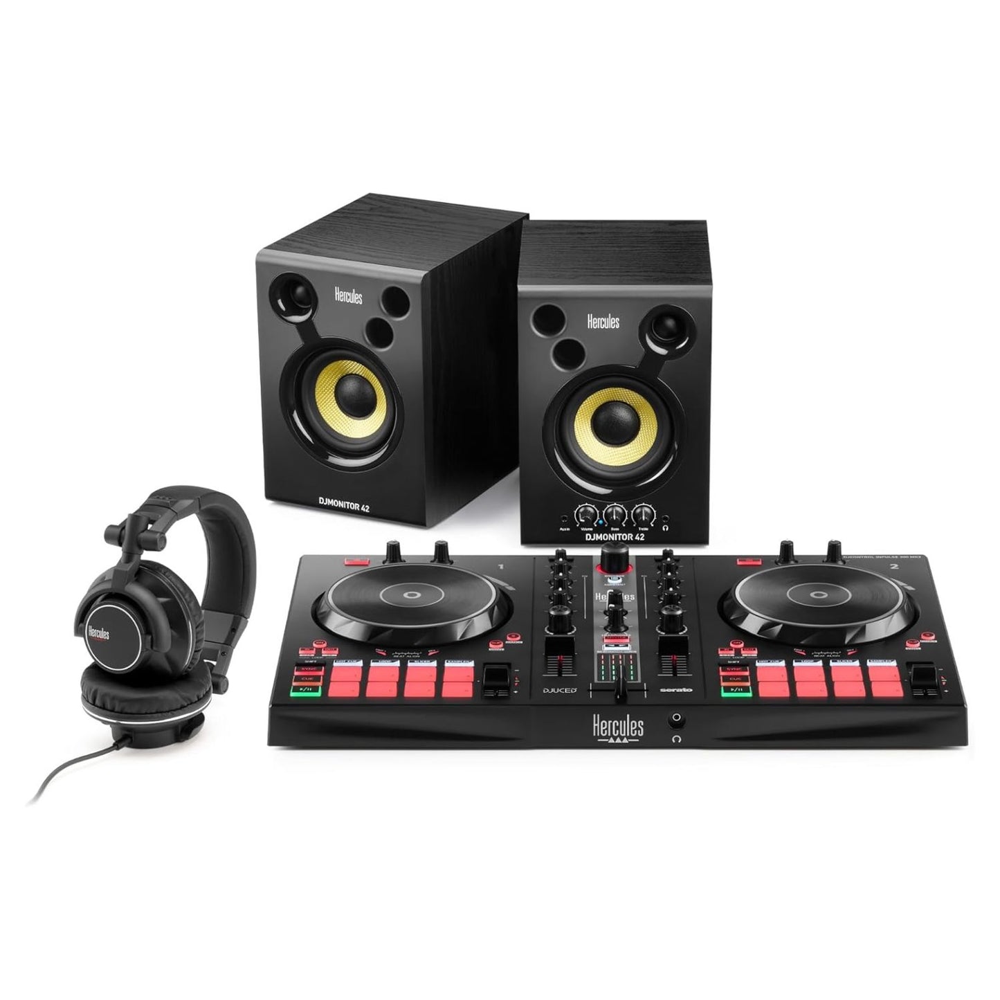 Inclusions of Hercules DJ Essentials Kit on white background