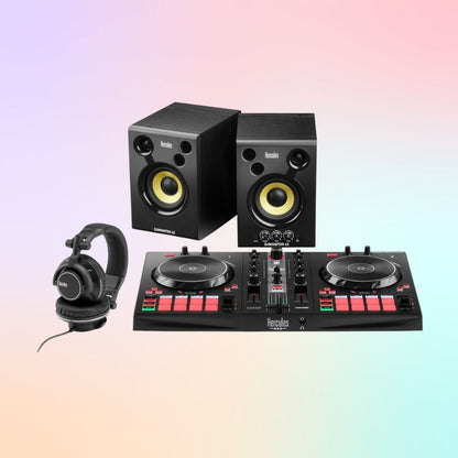 Inclusions of Hercules DJ Essentials Kit on multi-colored background