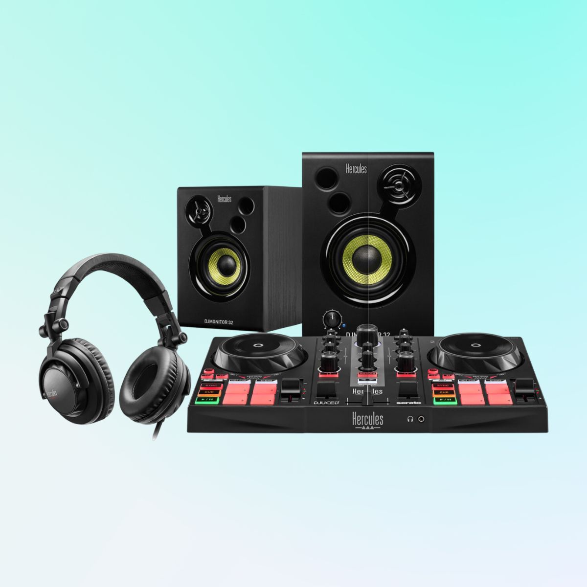 Inclusions of Hercules DJLearning Kit MK2 on blue background