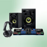 Inclusions of Hercules DJStarter Kit on green background