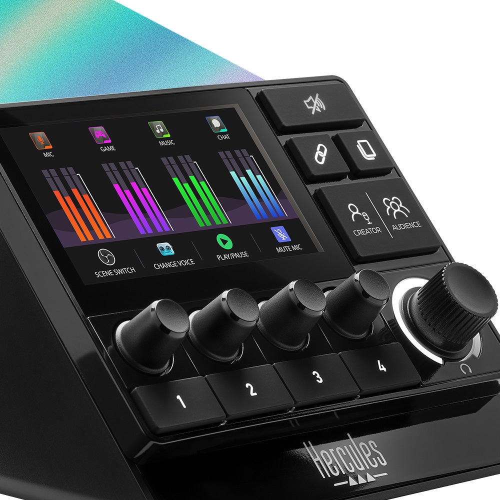 Angled view of Hercules Stream 200 XLR Advanced Audio Controller on white and blue green background