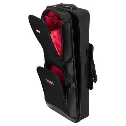 Angled view with opened compartments of Hercules x UDG DJControl T10 Backpack on white background