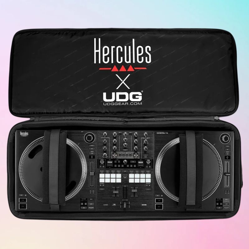 Inside view of Hercules x UDG DJControl T10 Backpack with Hercules DJControl T10 stored inside on multicolored background