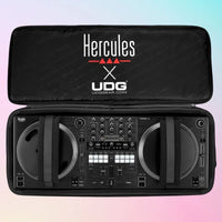 Inside view of Hercules x UDG DJControl T10 Backpack with Hercules DJControl T10 stored inside on multicolored background