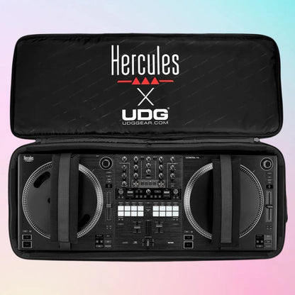 Inside view of Hercules x UDG DJControl T10 Backpack with Hercules DJControl T10 stored inside on multicolored background