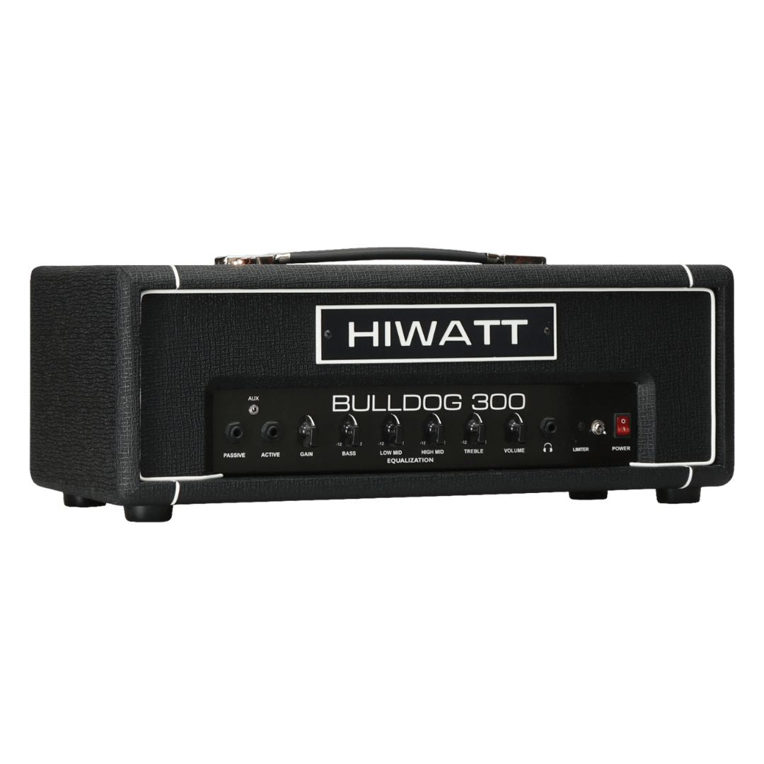 Angled front view of Hiwatt Bulldog 300 Bass Amplifier Head on white background