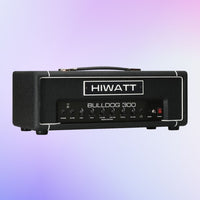 Angled front view of Hiwatt Bulldog 300 Bass Amplifier Head on purple gradient background